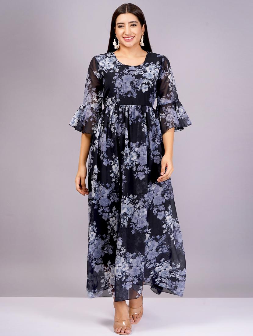 women v neck floral printed gown dress - 21482463 -  Zoom Image - 0