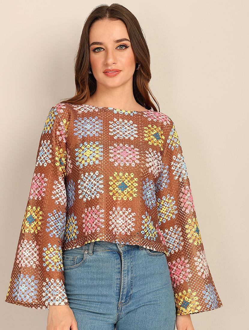 women brown cotton blend regular top - 21482479 - Standard Image - 1