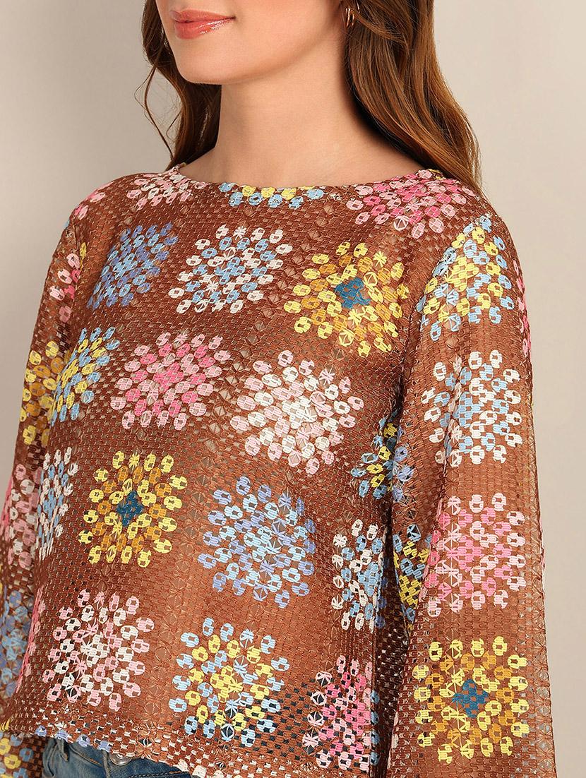 women brown cotton blend regular top - 21482479 - Standard Image - 4