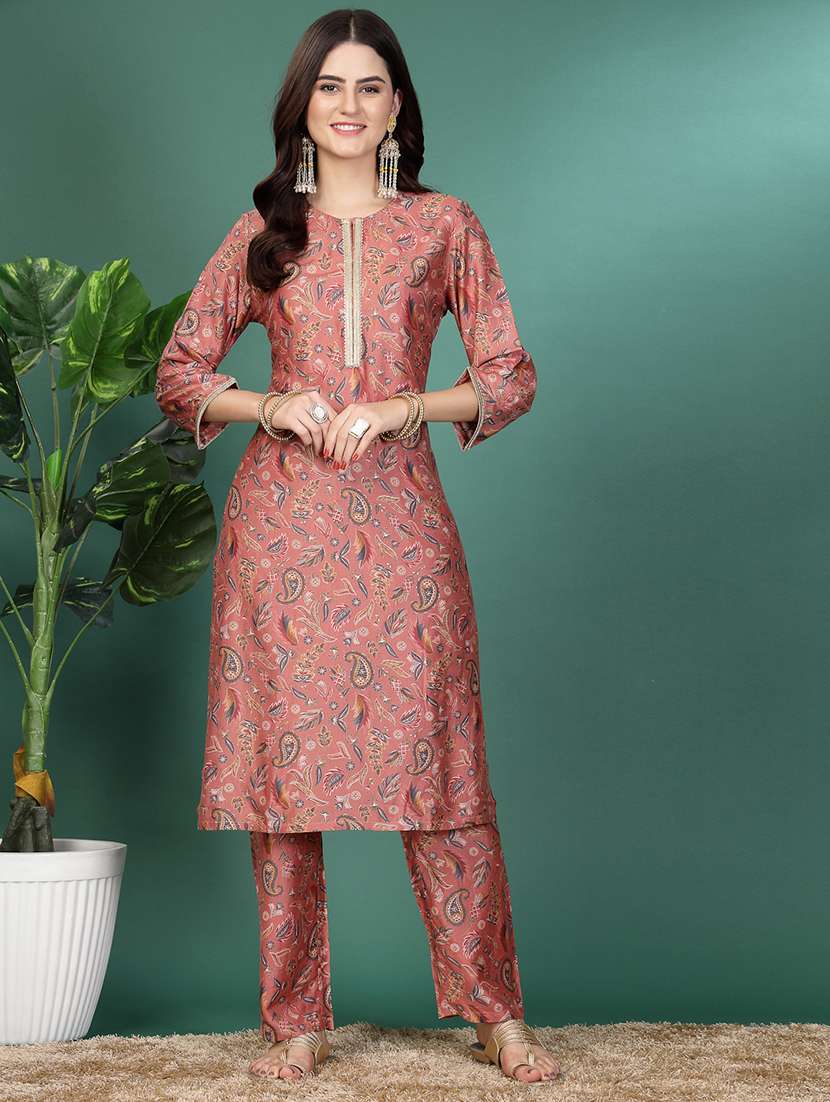 women peach cotton blend kurta pant set - 21482536 -  Standard Image - 1