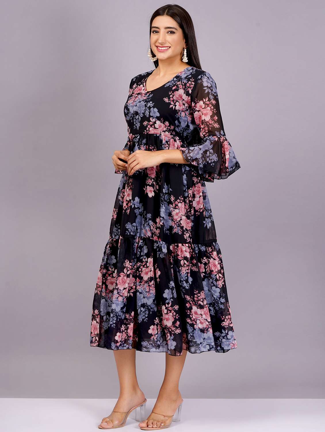 women black georgette fit & flare dress - 21482582 - Standard Image - 1
