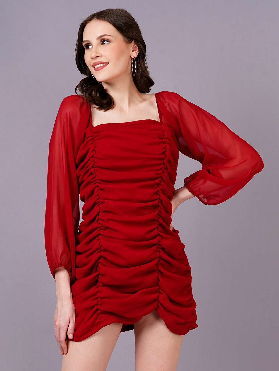 women solid red square neck ruched dress