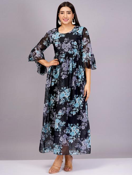 women black florals round neck fit & flare dress - 21482661 - Standard Image - 0