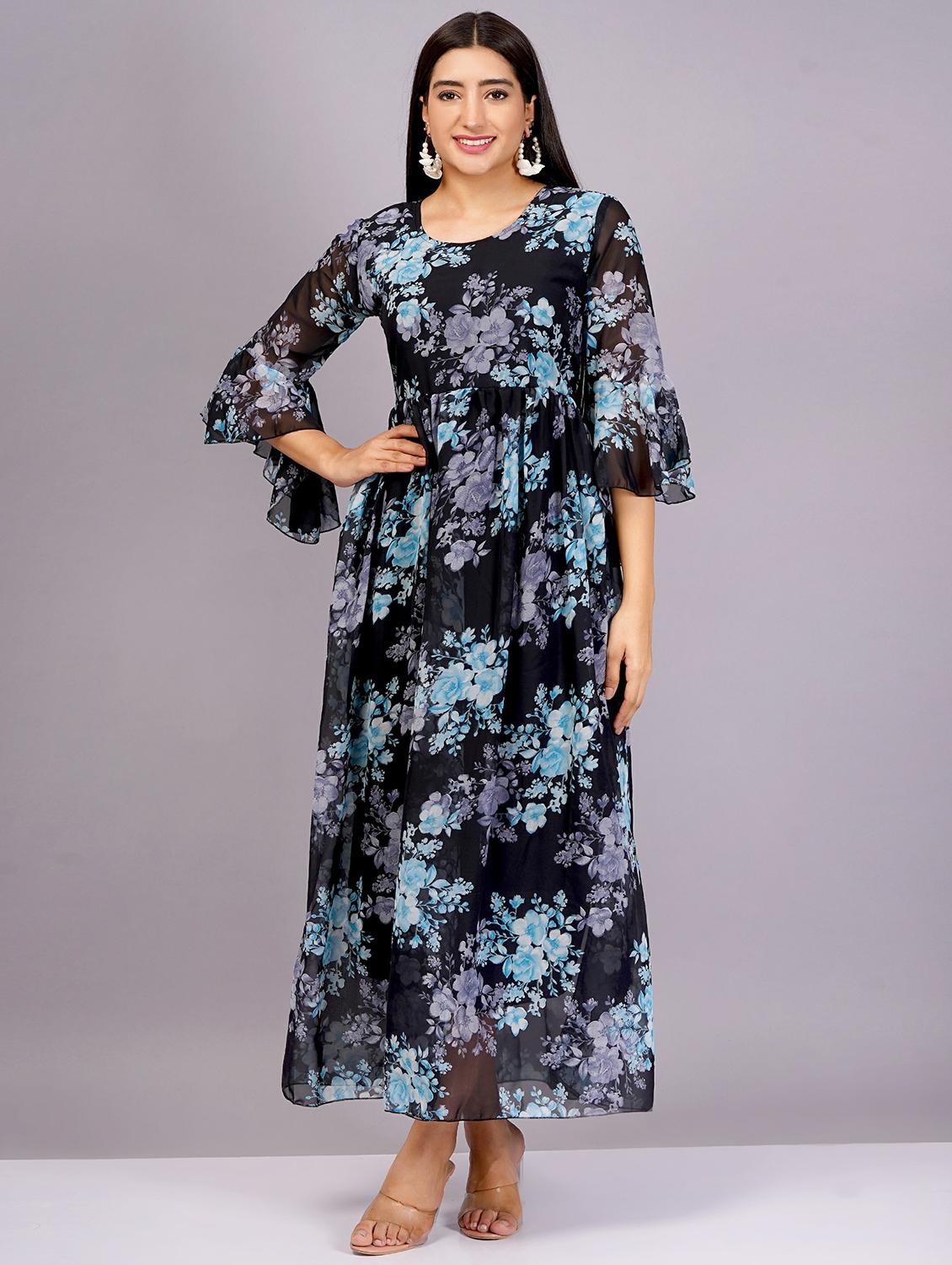women black florals round neck fit & flare dress - 21482661 - Zoom Image - 0