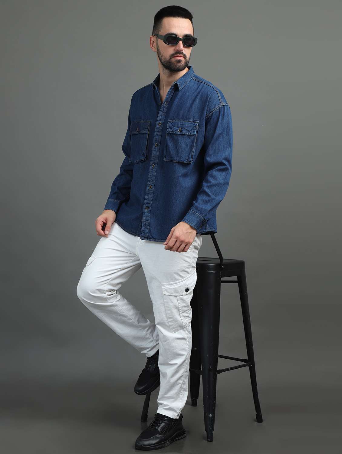men blue regular fit long sleeve baggy denim shirt
