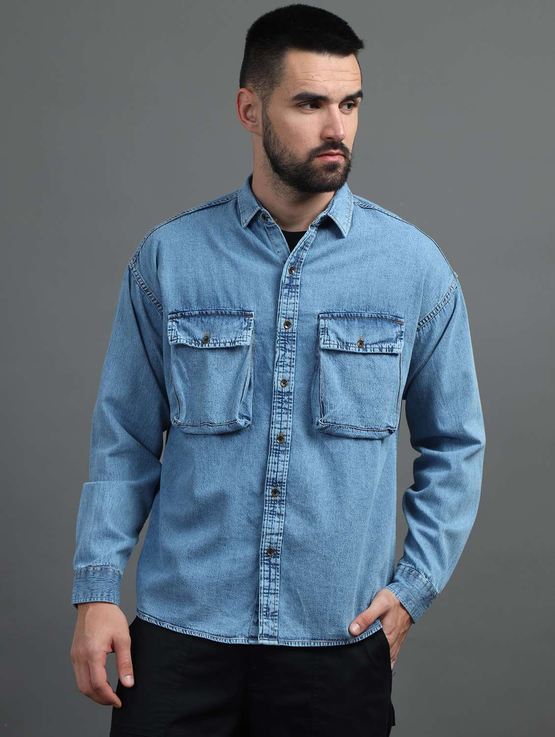 men light blue loose fit plain ddnim casual shirt with double pockets - 21482941 -  Standard Image - 1