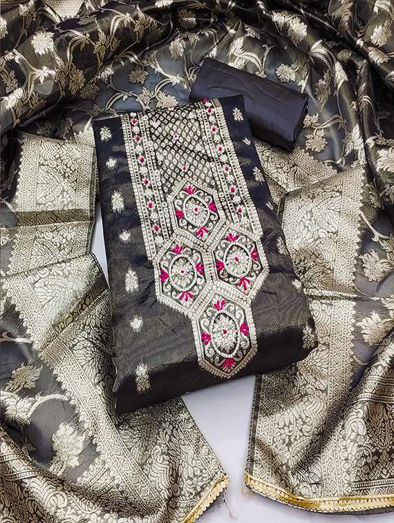 women self design silk unstitched suit set