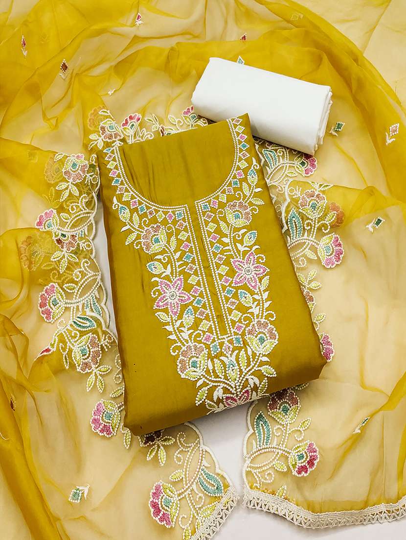 women embroidered silk unstitched suit set