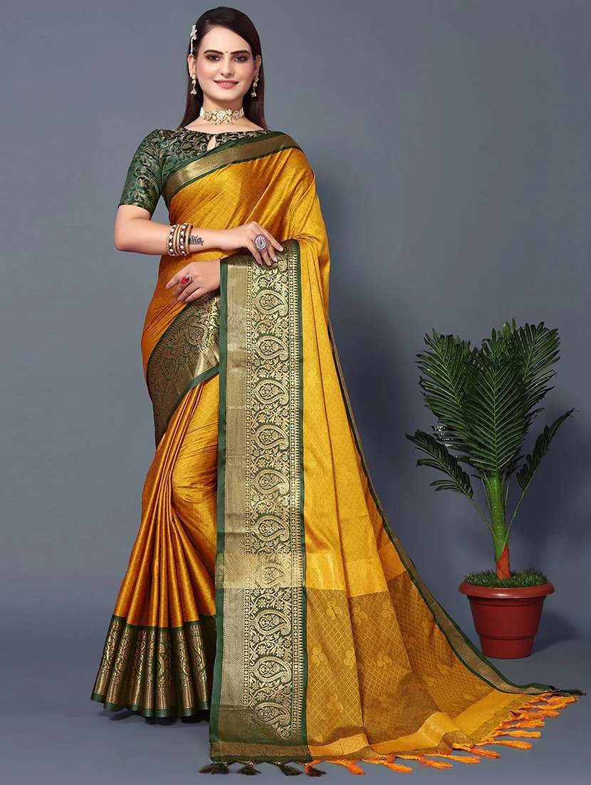 women mustard self design dharmavaram saree with blouse