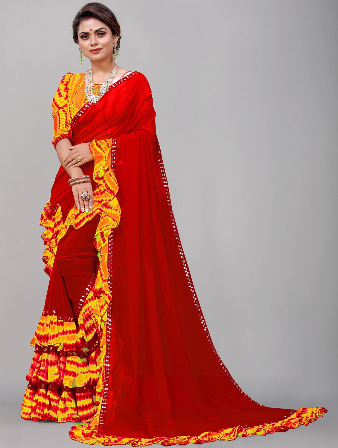 women tie & dye sequin work ruffle saree with blouse - 21483181 -  Zoom Image - 0