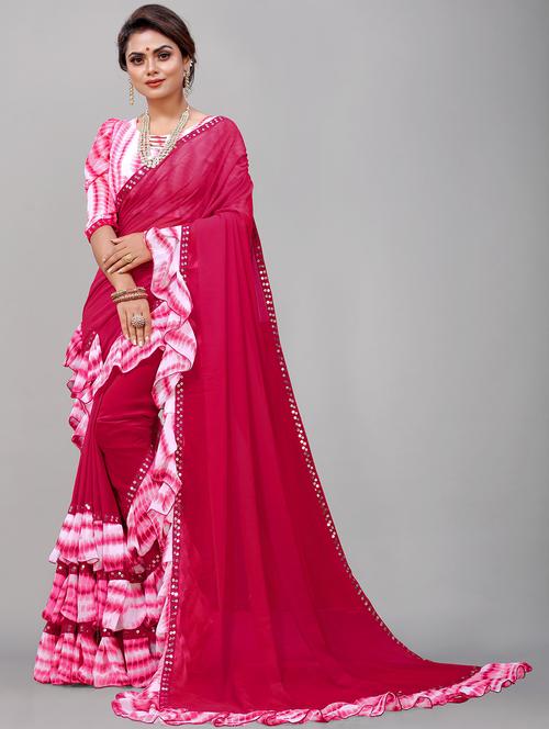 women tie & dye sequin work ruffle saree with blouse - 21483182 -  Standard Image - 0