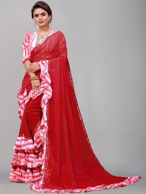 women tie & dye sequin work ruffle saree with blouse - 21483184 -  Standard Image - 0