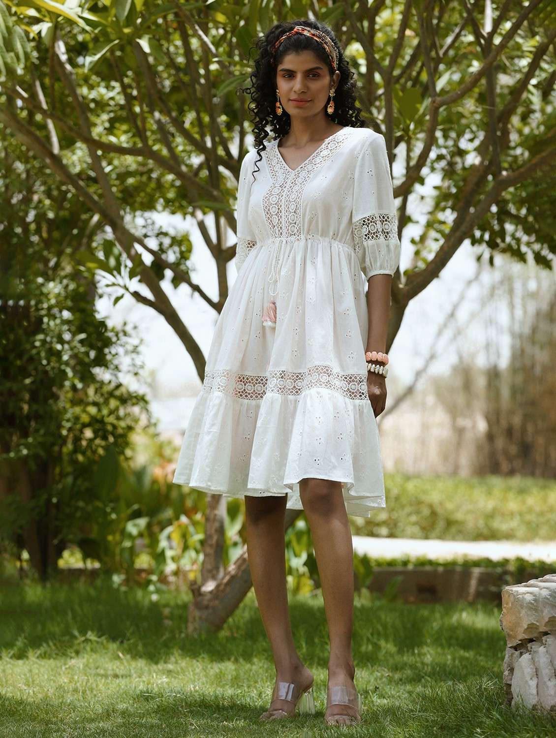 off white schiffli work fit & flare dress