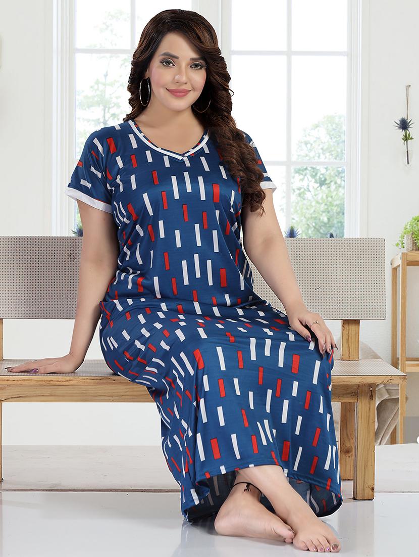 women blue printed satin nighty - 21483292 - Standard Image - 1