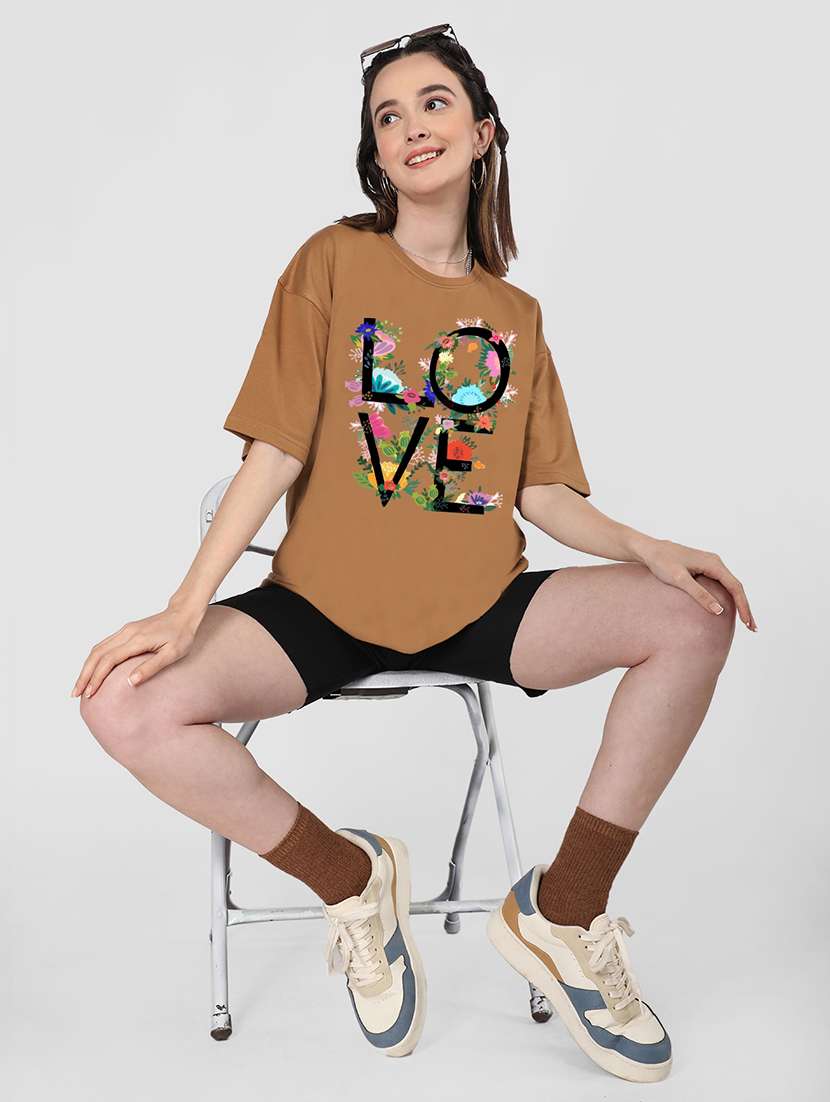 women brown poly blend oversized t-shirt