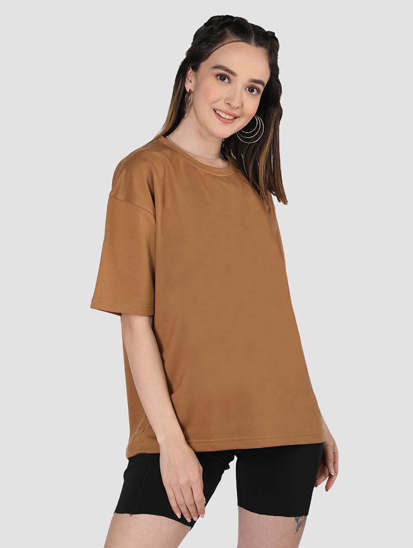 women brown poly blend oversized t-shirt