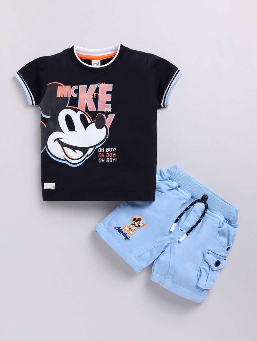 kids navy blue cotton blend shorts set