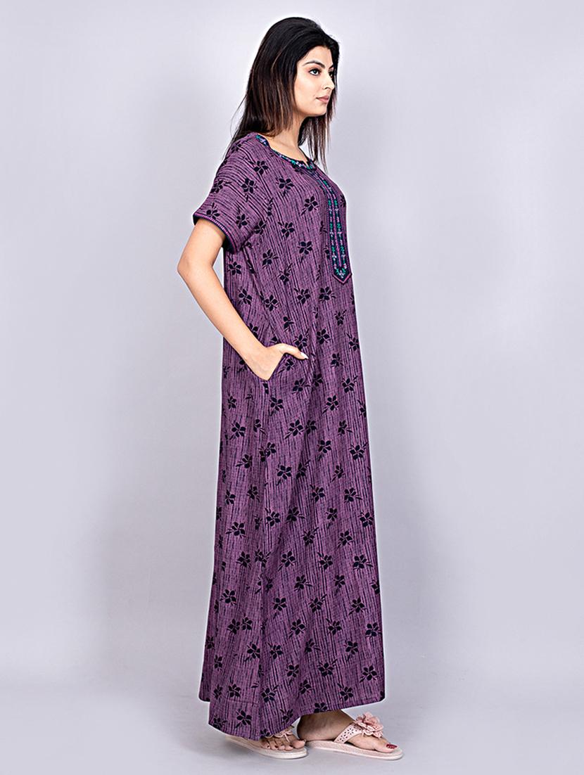 women purple cotton blend nighty - 21484679 - Standard Image - 1