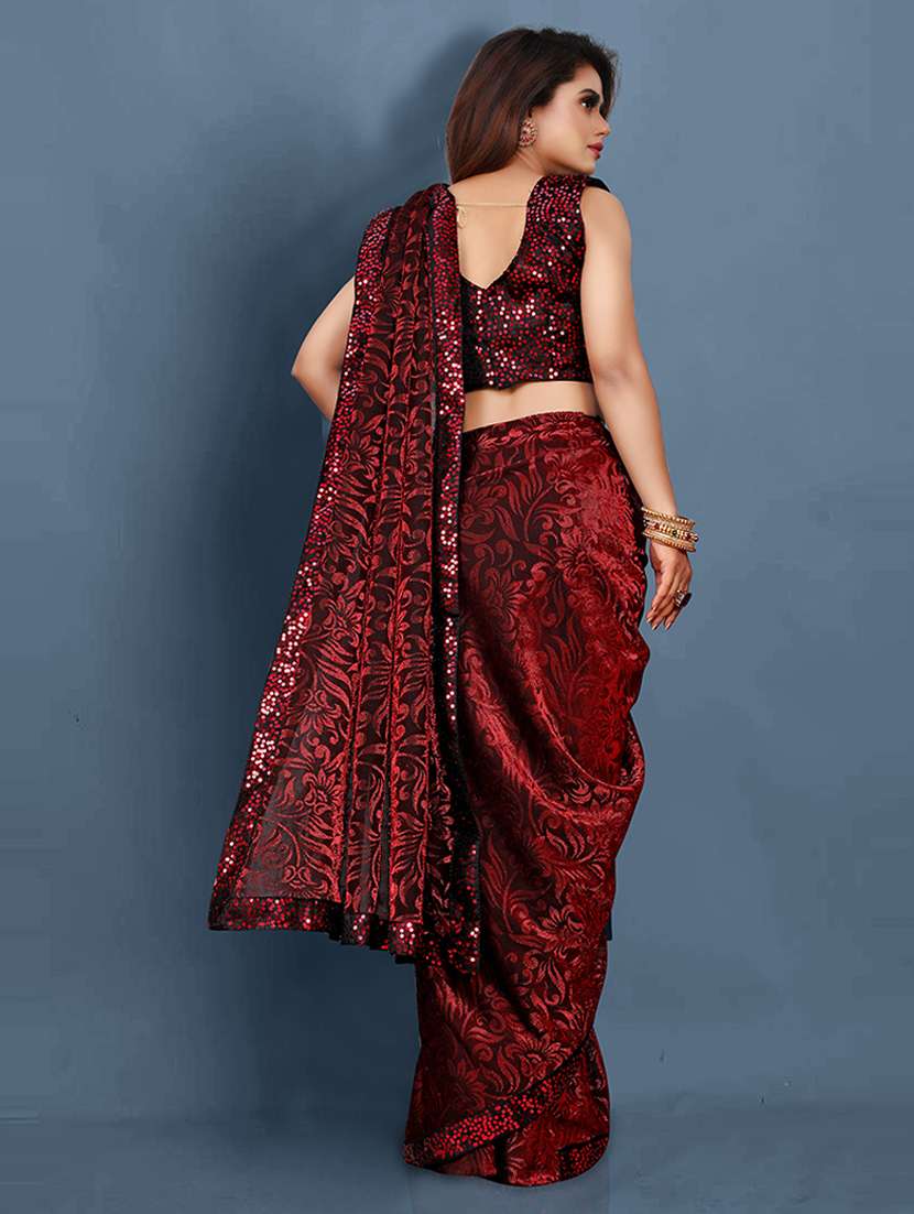women maroon lace work bordered saree with blouse - 21484780 -  Standard Image - 1