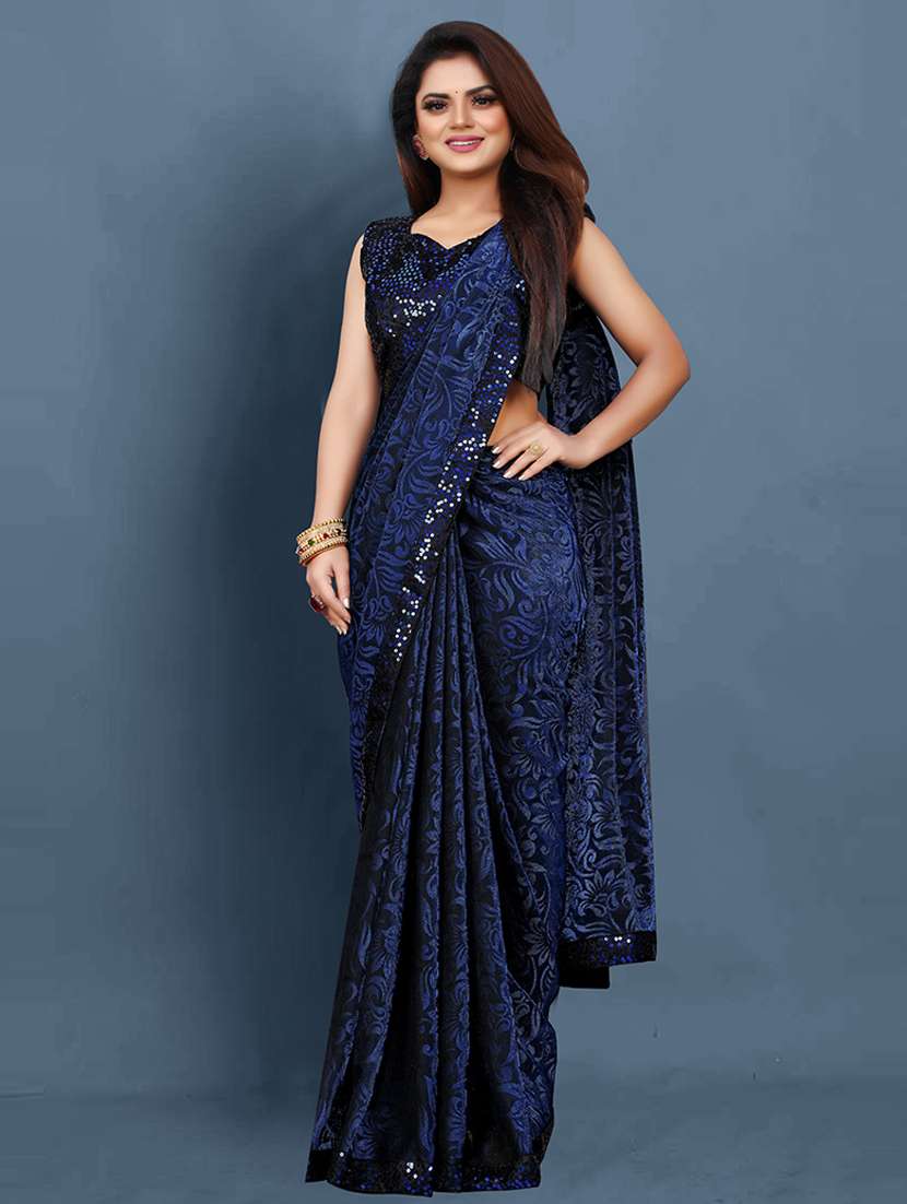 women blue lace work bordered saree with blouse
