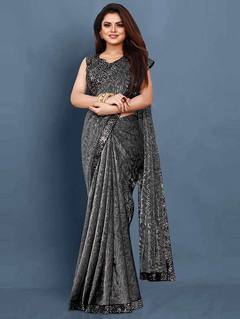 women grey lace work bordered saree with blouse