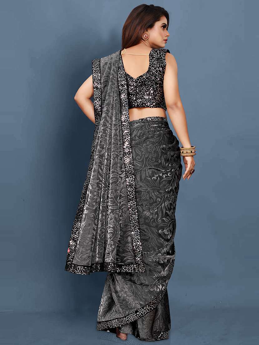 women grey lace work bordered saree with blouse - 21484783 -  Standard Image - 1