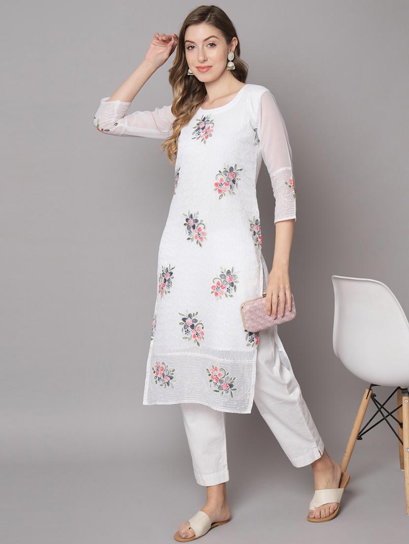 women white georgette straight kurta - 21484839 - Zoom Image - 0