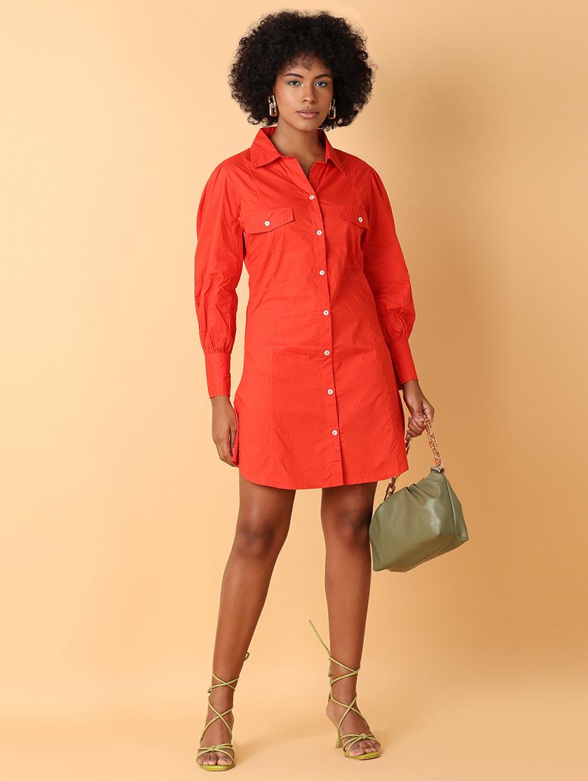 red solid shirt dress