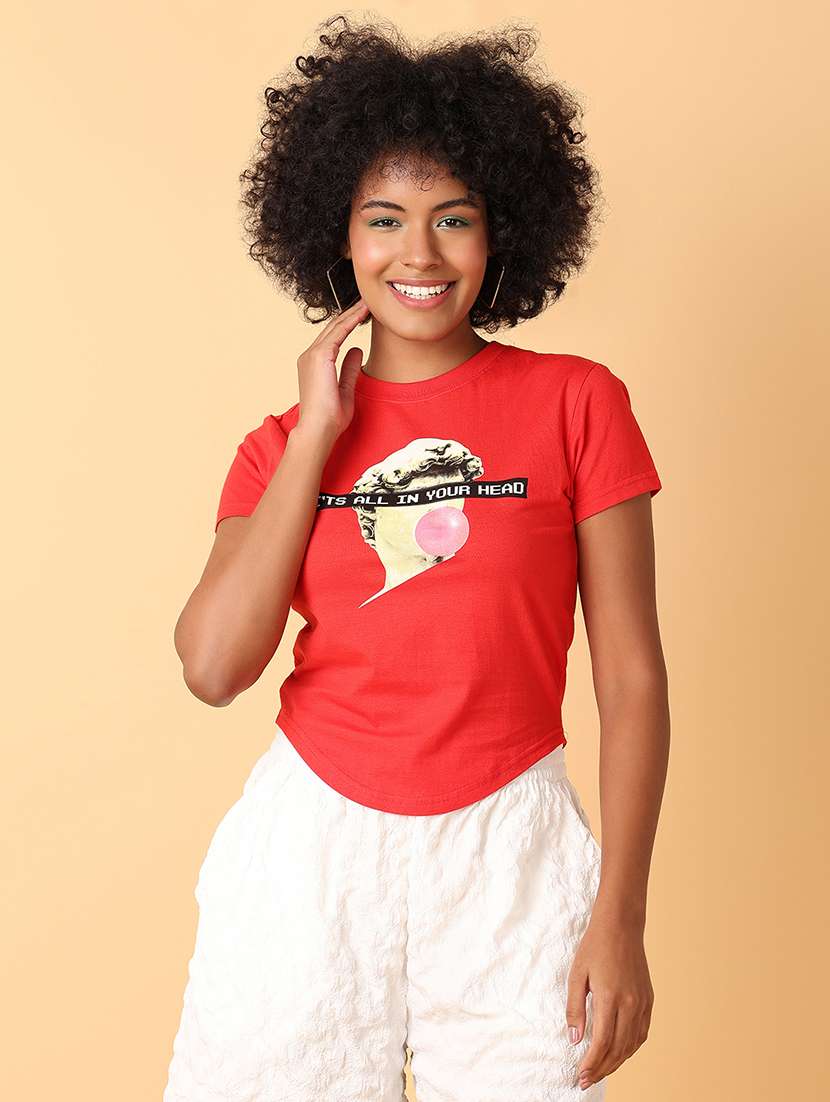 women crew neck graphic crop t-shirt