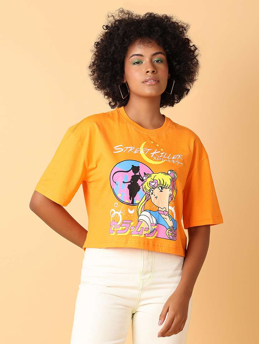women crew neck graphic crop t-shirt