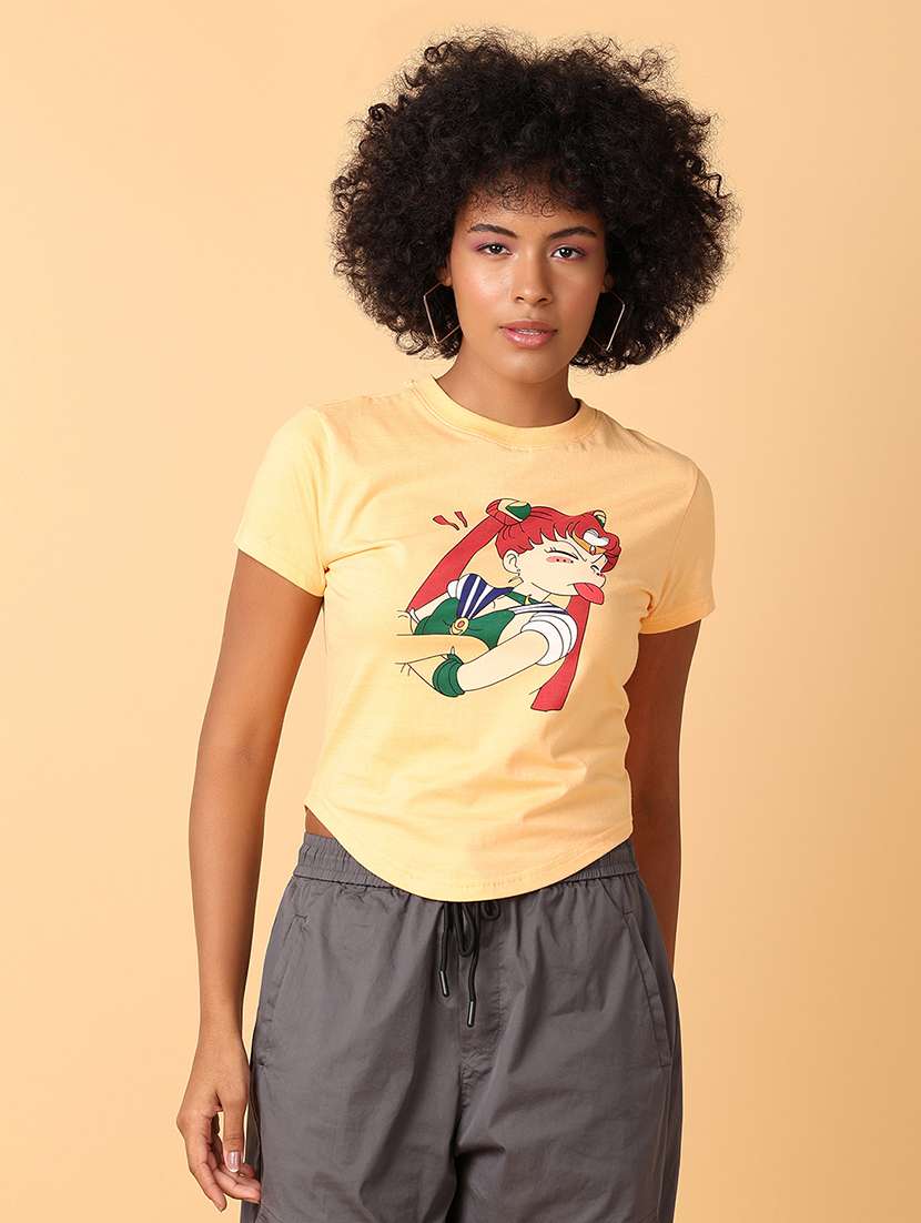 women yellow cotton regular t-shirt