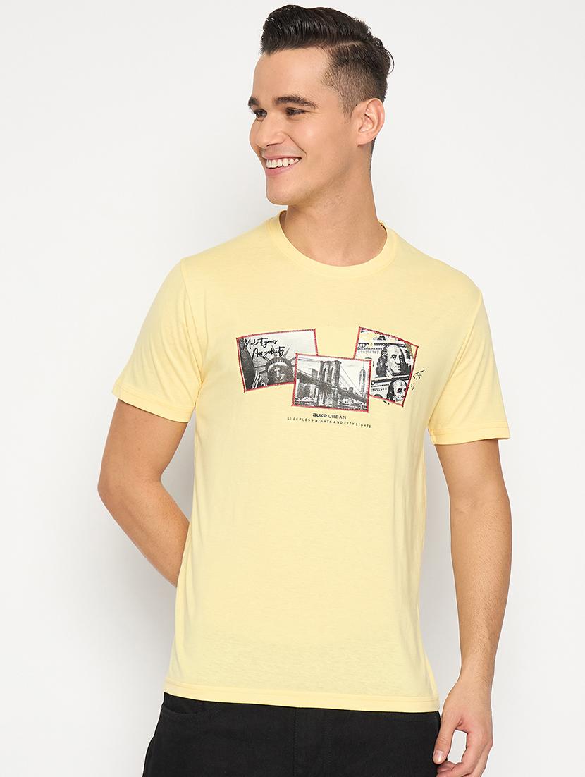 men yellow cotton blend chest print t-shirt