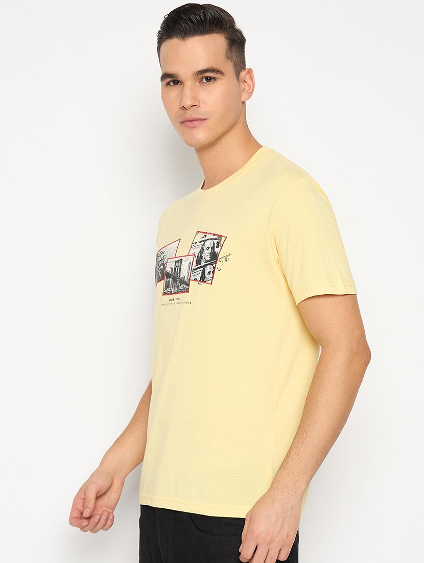 men yellow cotton blend chest print t-shirt - 21485169 -  Standard Image - 1