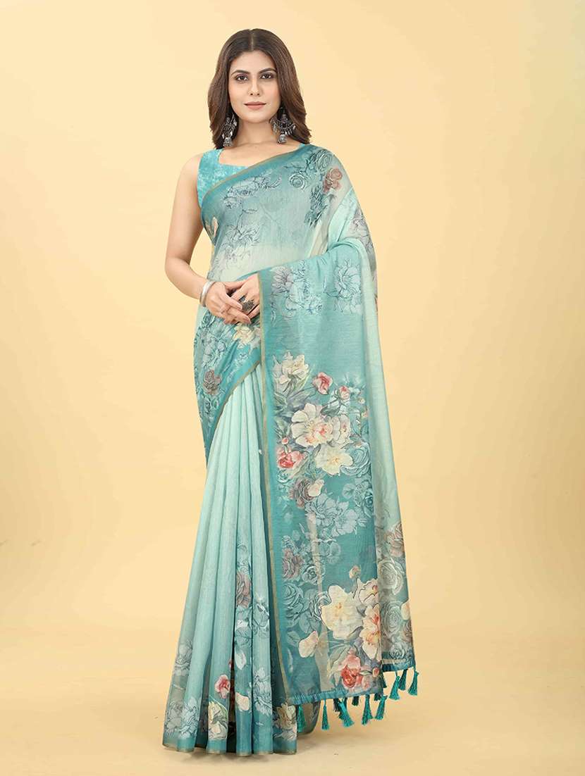 women sea green floral printed saree