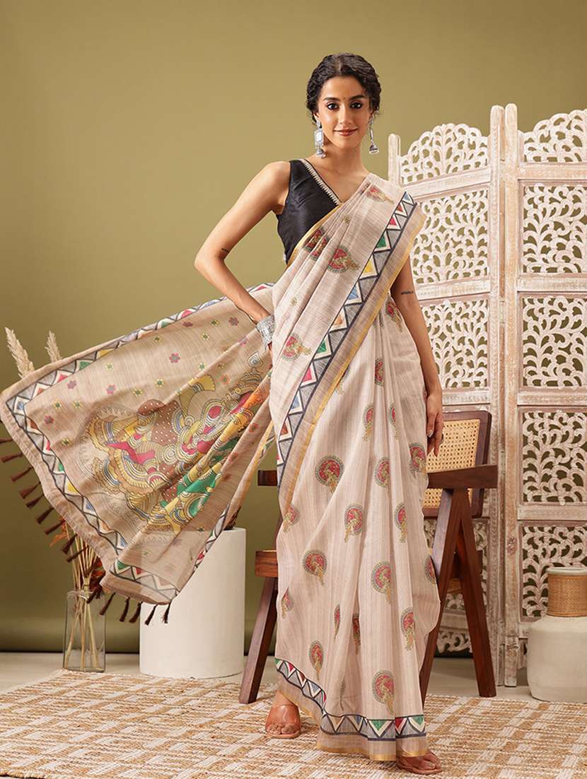 beige cotton blend maheshwari saree