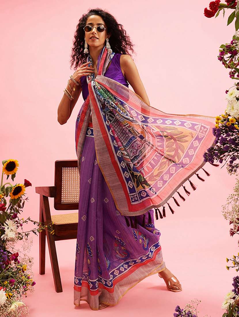 purple cotton blend maheshwari saree - 21485440 -  Standard Image - 1