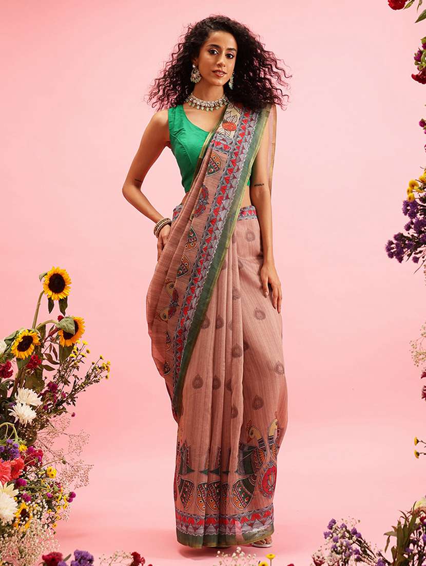 peach cotton blend maheshwari saree - 21485441 -  Standard Image - 1