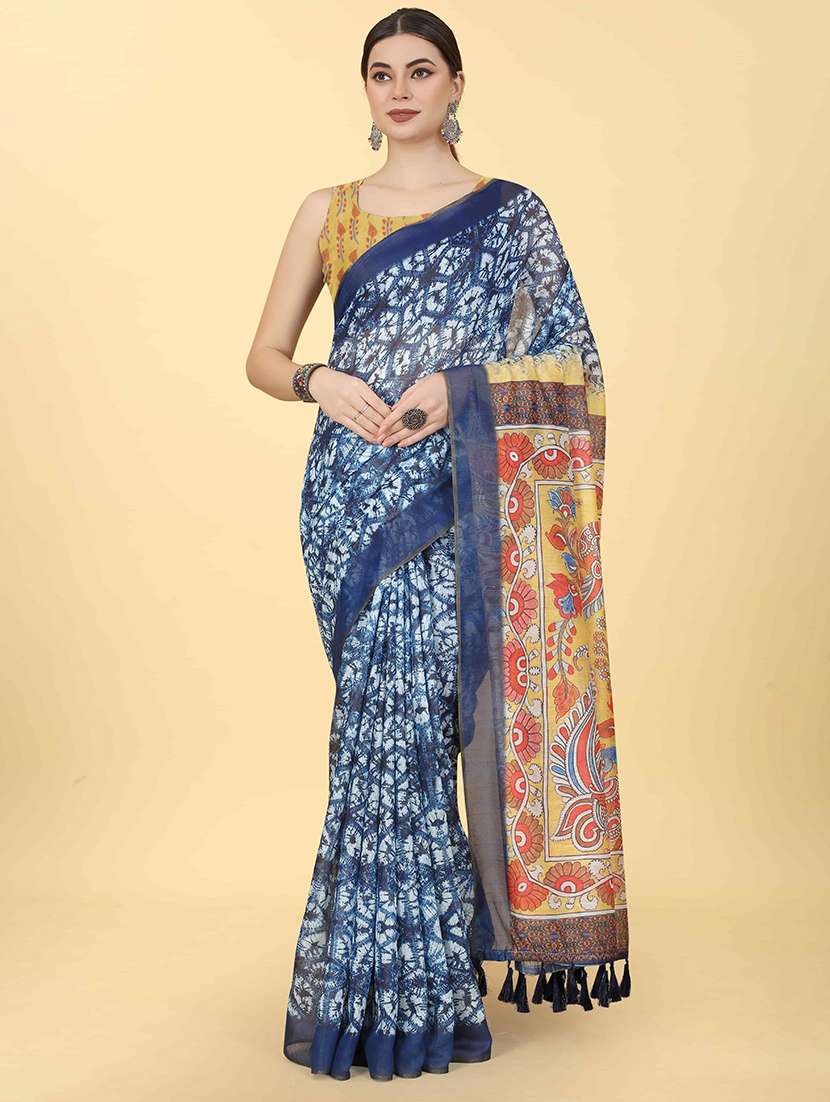 women blue printed saree