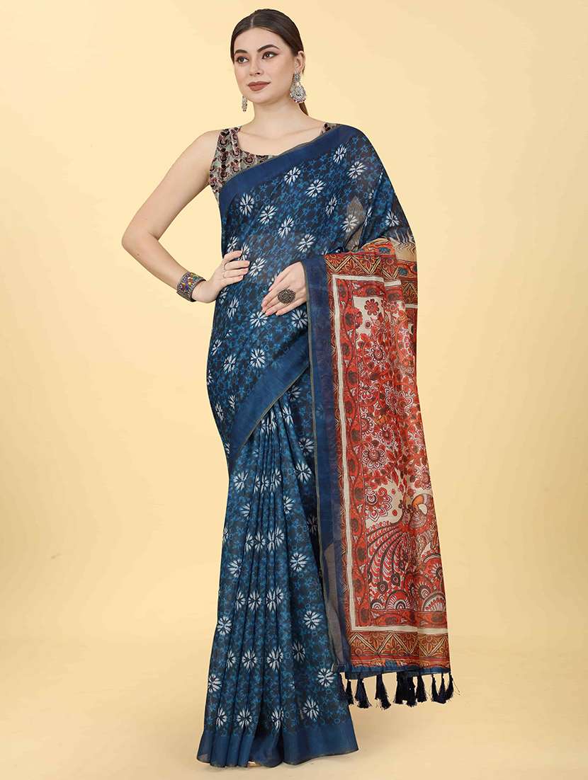Women Teal Floral Printed Saree - 21485536 -  Standard Image - 1