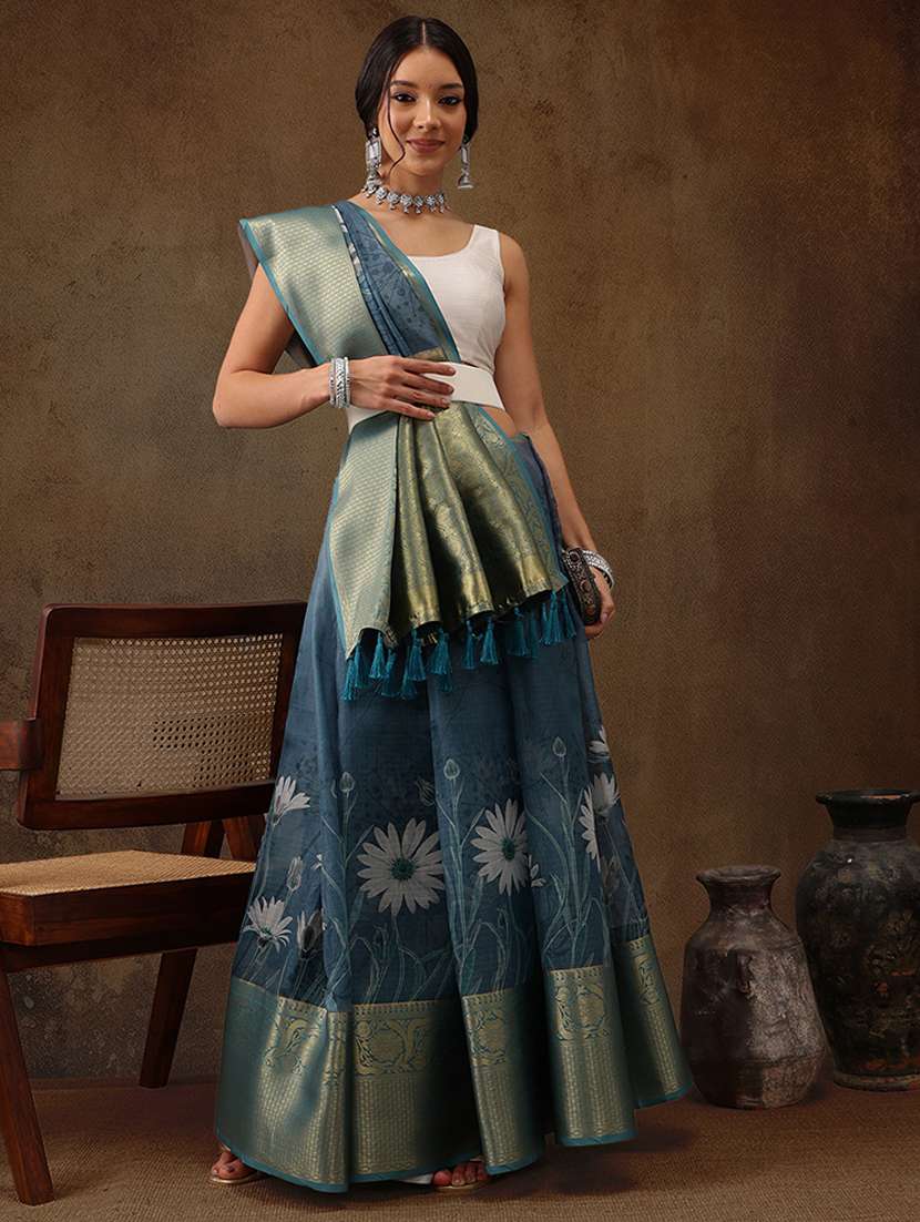 women floral printed zari bordered saree