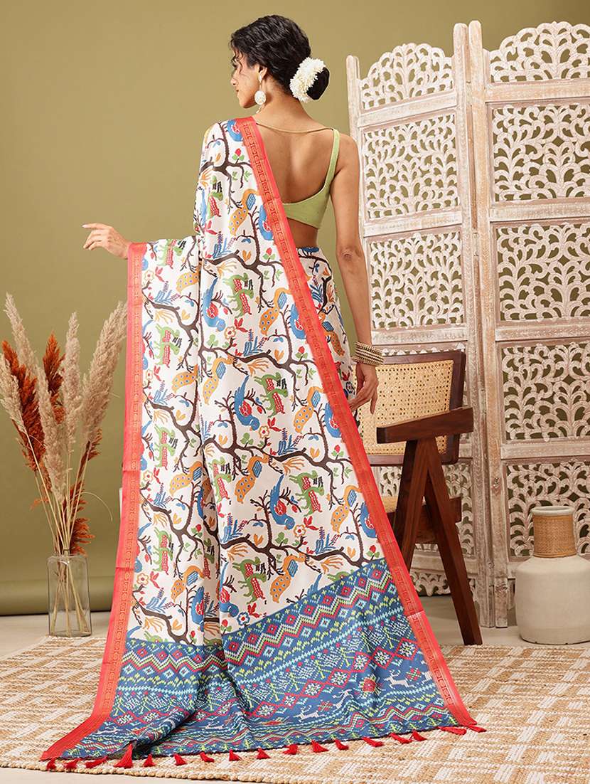 white printed saree with blouse - 21485836 -  Standard Image - 1