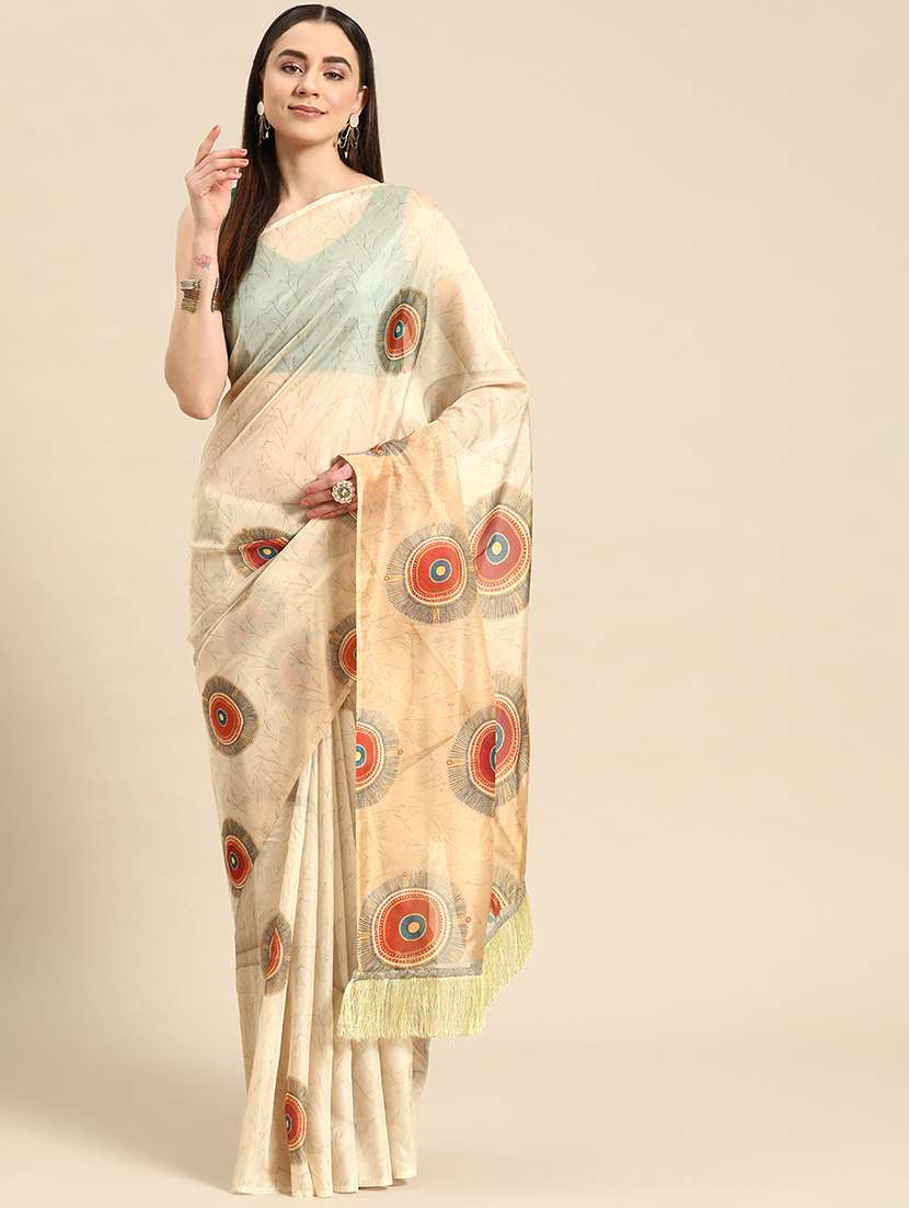 beige silk blend printed saree