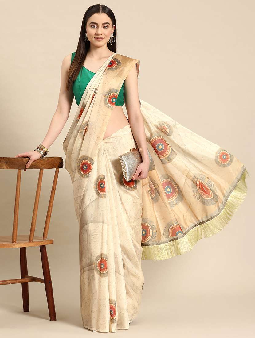 Beige Silk Blend Printed Saree - 21485998 -  Standard Image - 1