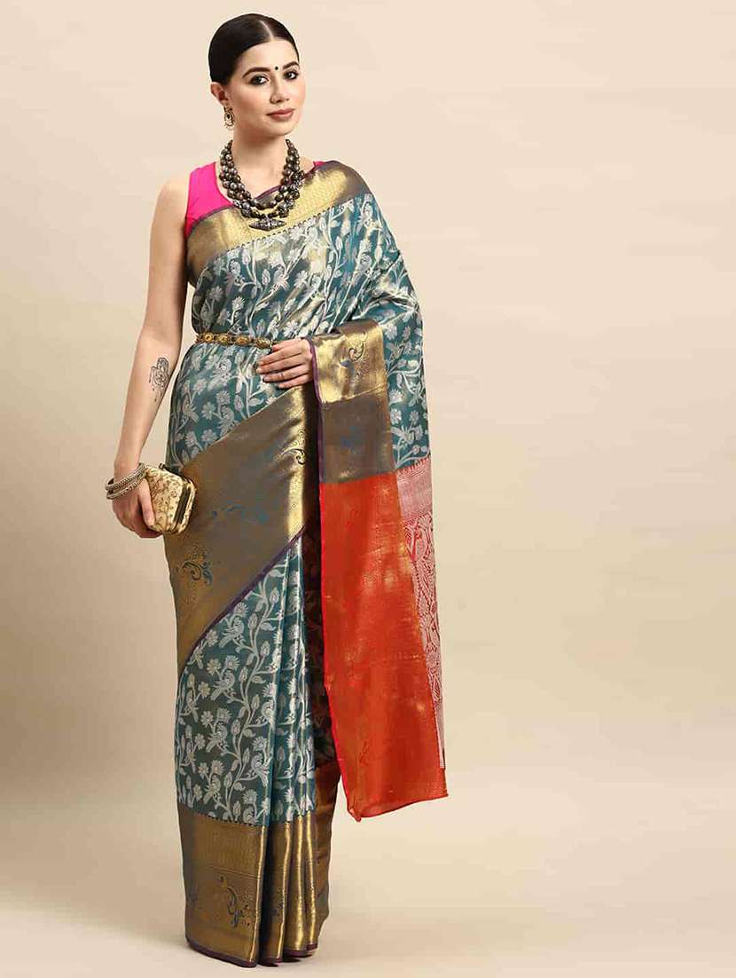 women teal blue banarasi saree - 21486079 -  Standard Image - 1