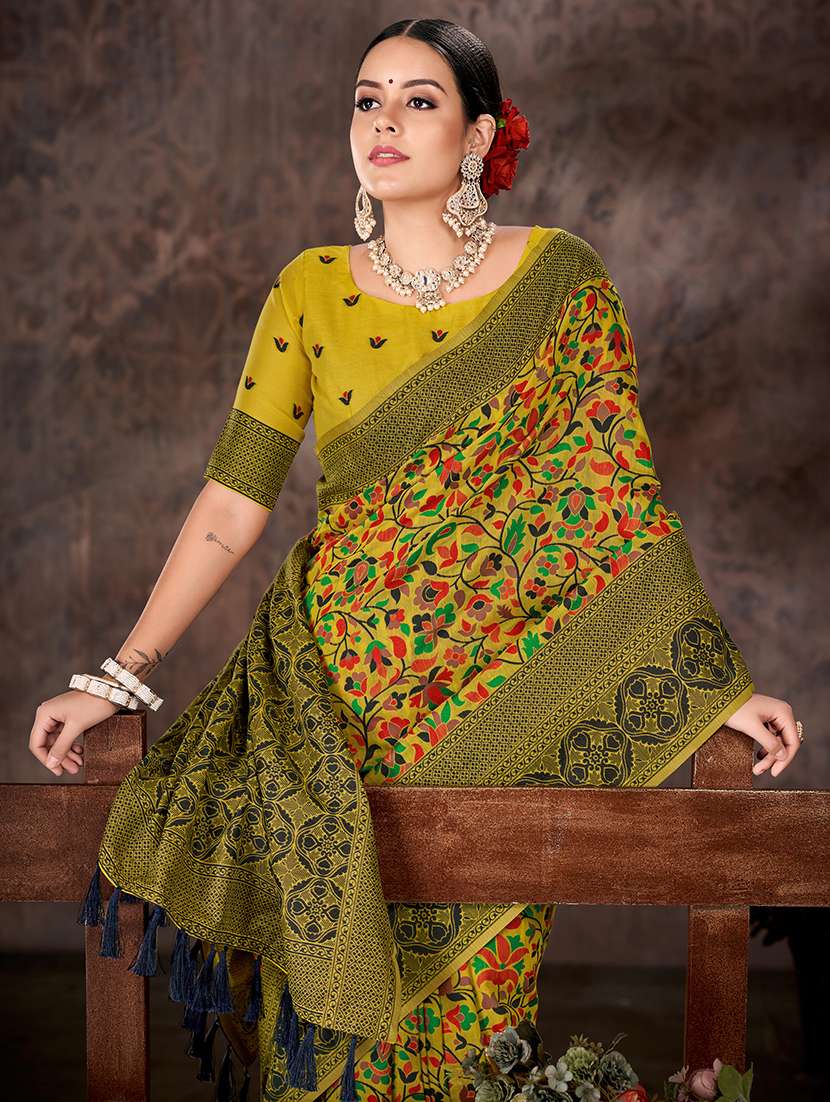women yellow baluchari saree - 21486119 -  Standard Image - 1