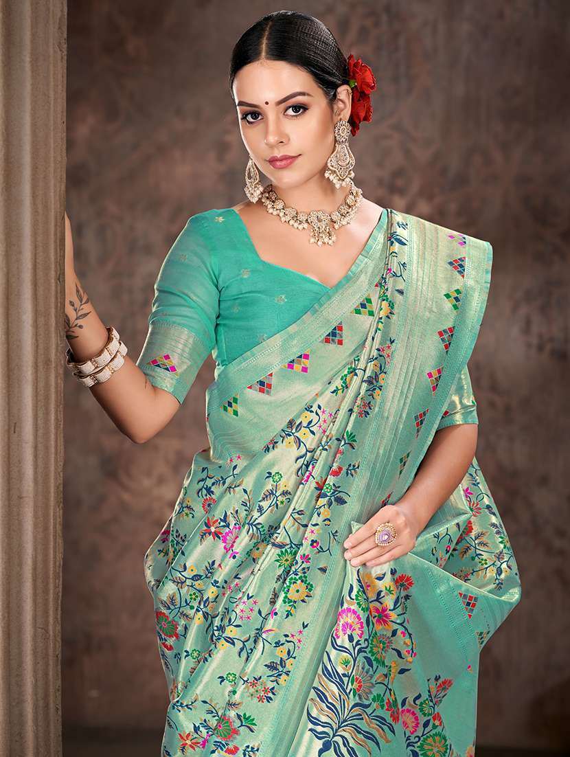 women turquoise baluchari saree - 21486121 -  Standard Image - 1