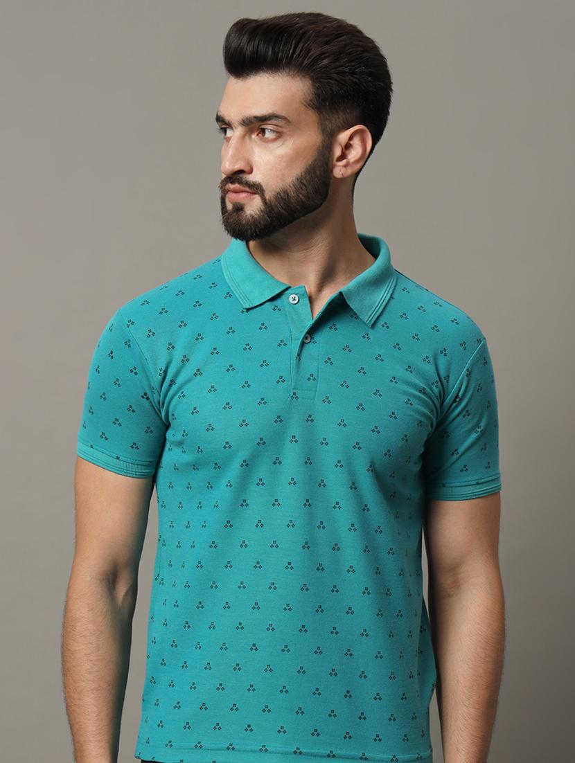 men sea green cotton blend all over print polo t-shirt - 21486174 - Standard Image - 1