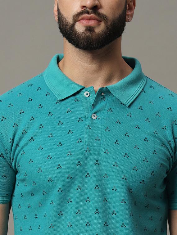 men sea green cotton blend all over print polo t-shirt - 21486174 - Standard Image - 4