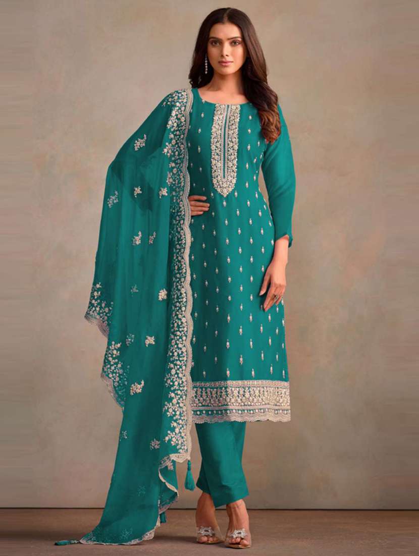 turquoise organza semistitched suit