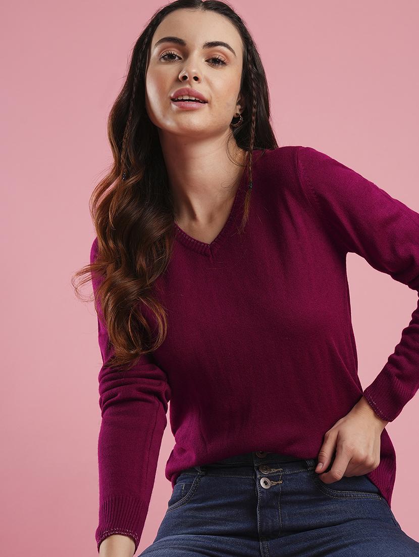 globus women pink v-neck self design ribbed hem flat knitted pullover - 21486194 - Standard Image - 1